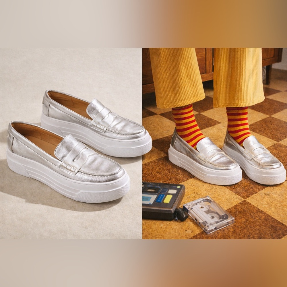 J Slides Silver Platform Penny Loafers
